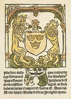 Three crowns coat of arms in Dialogus creaturarum (c. 1487)