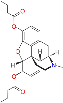 Chemical structure of dibutyrylmorphine.
