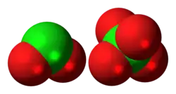 Space-filling model of the component ions of dichlorine hexoxide