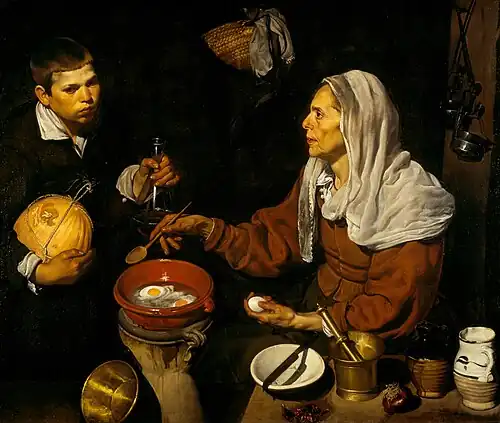 Bodegón with elements of genre painting. An Old Woman Cooking Eggs by Diego Velázquez, 1618, Scottish National Gallery.