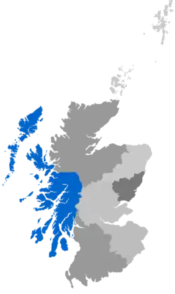 Map showing Argyll Diocese as a coloured area covering the west coast of Scotland including the Hebrides
