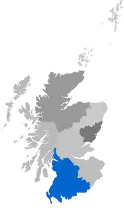 Map showing Glasgow Diocese as a coloured area around south-west Scotland