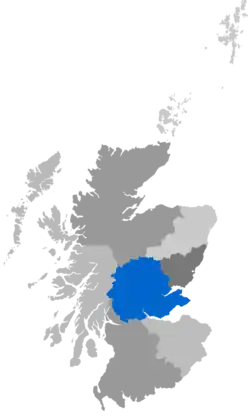 Map showing the Diocese of St Andrews as a coloured area covering Fife and Perthshire