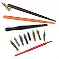 Various pen nibs and penholders