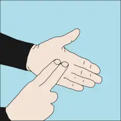 How much air do you have left?: One hand held flat, palm up, while index and middle finger of the other hand are placed on the palm.[41]