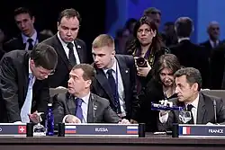 Prime Minister Jan Peter Balkenende, President of Russia Dmitry Medvedev and President of France Nicolas Sarkozy at the 2010 Nuclear Security Summit in Washington, D.C., on 14 April 2010.