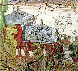 Picture with grey roofs, red walls and foliage in the foreground, above an almost white watercourse