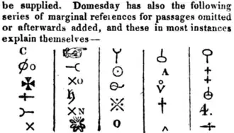 passage reading, 'Domesday has also the following series of marginal references for passages omitted or afterwards added, and these in most instances explain themselves.' above columns of symbols including the manicule, dagger, asterisk, maltese cross, various letters, and other obscure symbols