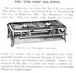 The company-branded "Fire King 2B" two burner gas stove in 1915