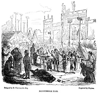 Illustration of Donnybrook Fair with crowds gathered in an open field, tents and stalls in the background