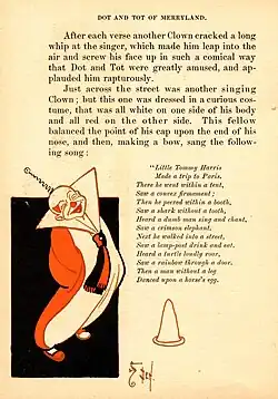 Text illustration: Clown sings a song about Little Tommy Harris' trip to Paris.