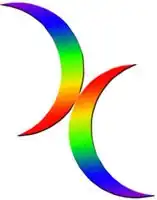 A version of the double crescent moon bisexuality symbol with rainbow flag colors