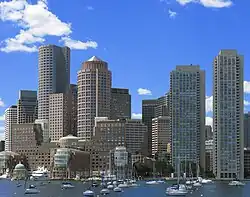 The Harbor Towers (far right) in the Boston skyline when viewed from Boston Harbor.