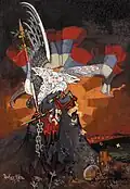 In the painting Sanctified Kosovo by Dragutin Inkiostri Medenjak, the double-headed eagle is holding the Serbian flag in one claw and ripping the flag of the Ottoman Empire in the other.