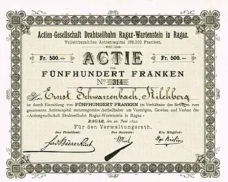 share certificate issued 1892 of Actien-Gesellschaft Drahtseilbahn Ragaz-Wartenstein