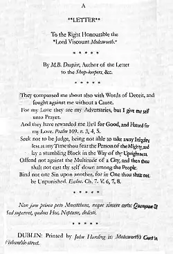 A document with the title "A Letter to the Right Honourable the Lord Viscount Molesworth" and containing several Biblical excerpts. It has the same signature and printer as before.