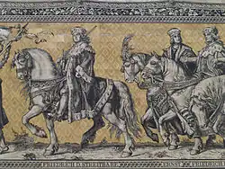 Frederick the Warlike (left) with Ernest and Frederick II, Fürstenzug, Dresden