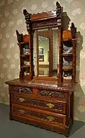 Dresser by Benn Pitman designer, Adelaide Nourse Pitman carver, Elizabeth Nourse attrib painter, c. 1882–1883, American black walnut, white oak, painted panels, glass, gilded brass