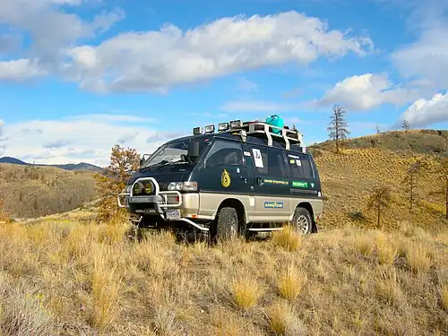 Mitsubishi Delica L30 used in the Driven to Sustain expedition, parked in the backcountry of British Columbia.