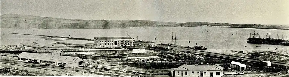1st station (foreground) and import goods shed (left) in 1873/74