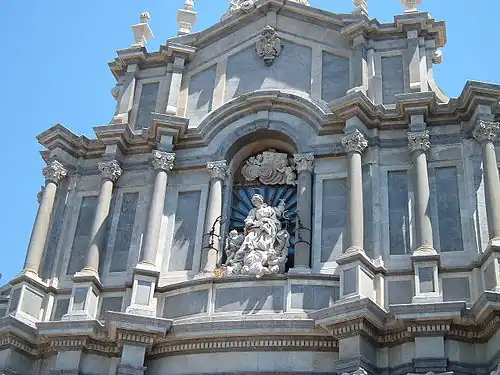 Closeup of the façade with statue of Saint Agatha