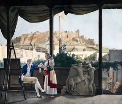 Tableau ancien : un homme peint sur son balcon; au fond l'Acropole d'Athènes