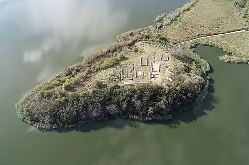 Golemija ostrov tell (Big Island) and the Archeological site. The first stone architecture in continental Europe (4500 BC)