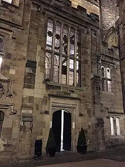 Window at the castle overlooking Palace Green towards Durham Cathedral