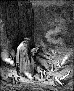 Dante speaks to Pope Nicholas III, committed to the Inferno for his simony (Gustave Doré, 1861)
