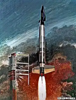 Artist's concept of a Dyna-Soar (Dyanmic Soaring) spaceplane taking off atop an Air Force Titan II launch vehicle
