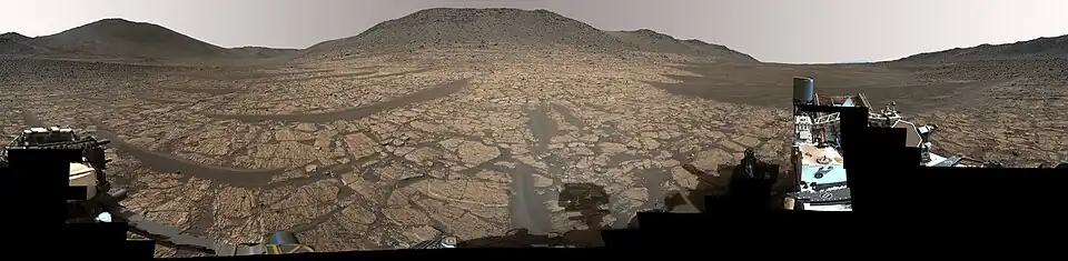 360-degree view of a region on Mars called "Bright Angel", where an ancient river flowed billions of years ago. Cheyava Falls is slightly right of center, about 361 feet (110 meters) from the rover.[16]
