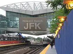 The station as it appeared as it was being reconstructed to allow for a transfer to AirTrain JFK in 2003; note the temporary platform (left)