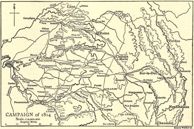 Black and yellow map of the Campaign of 1814 in 1:2,000,000 scale