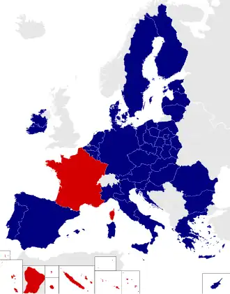 Map of the European Parliament constituencies with France highlighted in red