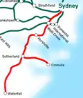 Map of the Illawarra and Cronulla lines (in red)