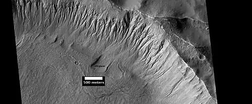 Gullies near Newton Crater, as seen by HiRISE, under the HiWish program. Place where there was an old glacier is labeled.