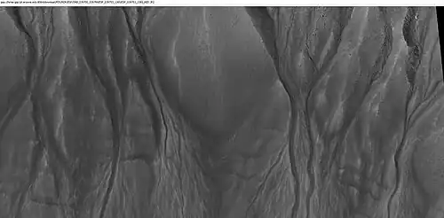 Close-up of channels in gullies showing that the paths of the channels changed over time. This feature suggest formation by running water with a high load of sediment. Picture was taken with HiRISE under HiWish program. Location is the Mare Acidalium quadrangle. Note this is an enlargement of a previous image in Phaethontis quadrangle.