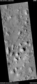 Wide view of layered buttes and small mesas, as seen by HiRISE under HiWish program Some dark slope streaks are visible. Location is Aeolis quadrangle. Note: Parts of this image are enlarged in next three pictures.