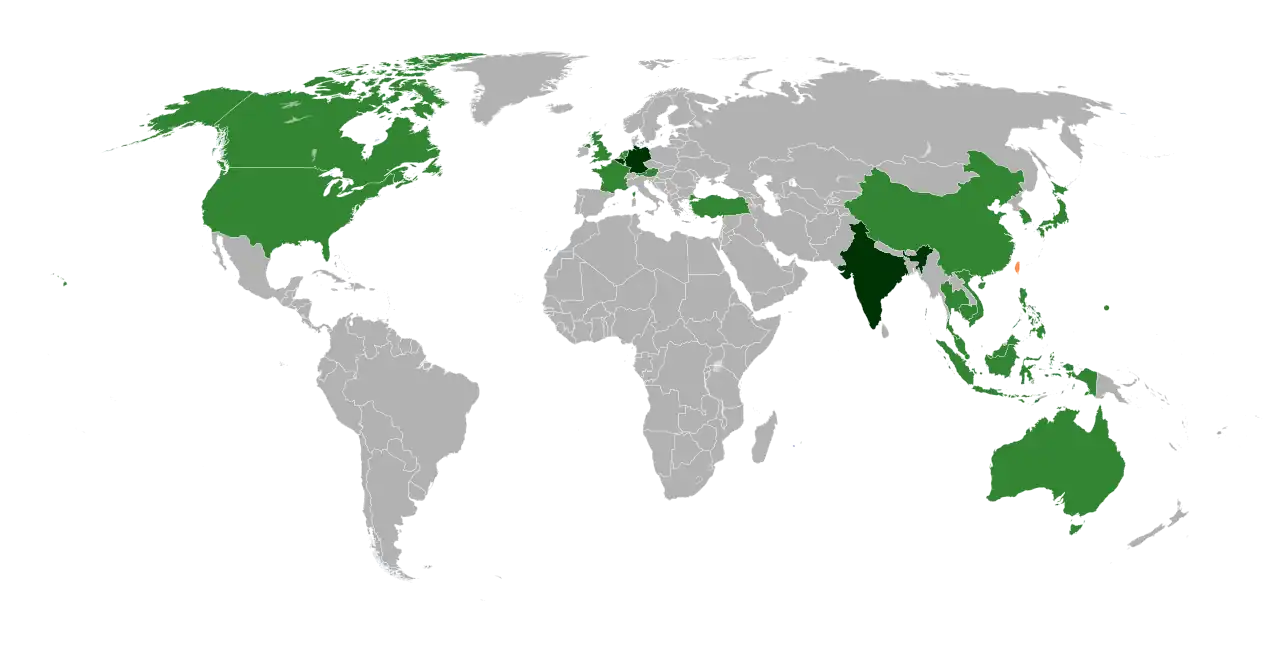 Countries with EVA Air destinations as of May 2019