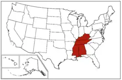 States in dark red make up the East South Central states region