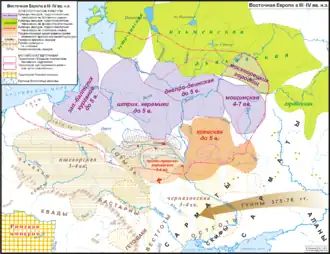 Image 30Map of the ancient Baltic homelands at the time of the Hunnish invasions (3rd-4th c. AD). Baltic cultural areas (identified archaeologically) are in purple. The Baltic sphere originally covered Eastern Europe from the Baltic Sea to modern Moscow. (from History of Lithuania)