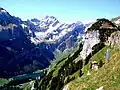View of Altmann (center), Säntis (right), and Seealpsee from Ebenalp