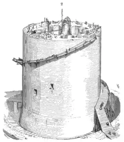 Cantilevered putlogs support the access ramp scaffold in this castle construction.