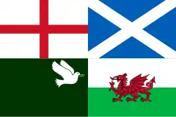 The dove flag as part of a combined Home Nations flag, which was carried by Izzard in the Sport Relief Mile event in London on 21 March 2010.[25]