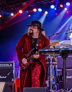 Blackwood with Neil Armstrong's son Rick Armstrong and Pete Trewavas of Marillion at the 2019 NASA 50th Celebration of Apollo 11.