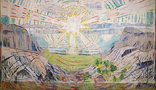 The Sun, 1910–1911, .mw-parser-output .frac{white-space:nowrap}.mw-parser-output .frac .num,.mw-parser-output .frac .den{font-size:80%;line-height:0;vertical-align:super}.mw-parser-output .frac .den{vertical-align:sub}.mw-parser-output .sr-only{border:0;clip:rect(0,0,0,0);clip-path:polygon(0px 0px,0px 0px,0px 0px);height:1px;margin:-1px;overflow:hidden;padding:0;position:absolute;width:1px}450&nbsp;cm ×&nbsp;772&nbsp;cm (177+1⁄4&nbsp;in ×&nbsp;304&nbsp;in), Munch Museum, Oslo
