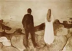Fotografie eines Gemäldes im Sepia-Ton. Das Motiv ist ähnlich wie beim Eingangsbild. Die Darstellung ist gespiegelt.