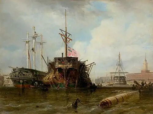 Portsmouth Harbour: The Hulks by Edward William Cooke, 1836