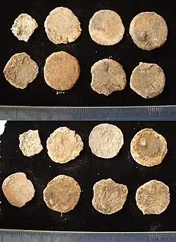 Eight malformed yellow metal tokens
