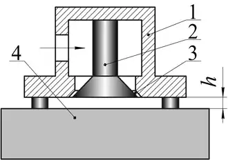 Diagram of the Ejection Bernoulli gripping device, where 1 - gripper body, 2 - conical insert, 3 - circular nozzle, and 4 - object.